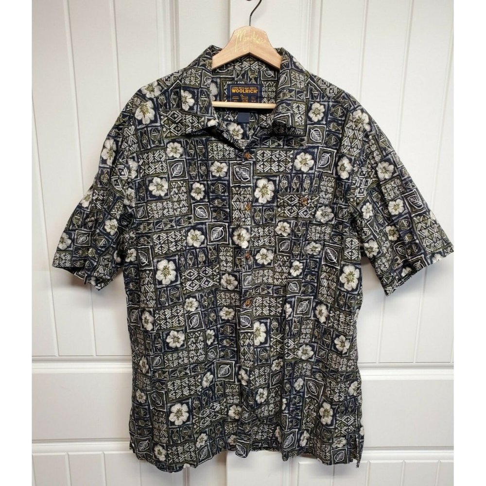 Woolrich Mens XL Hawaiian Style Button Shirt Navy Tropical  Camp 100% Cotton 🌸